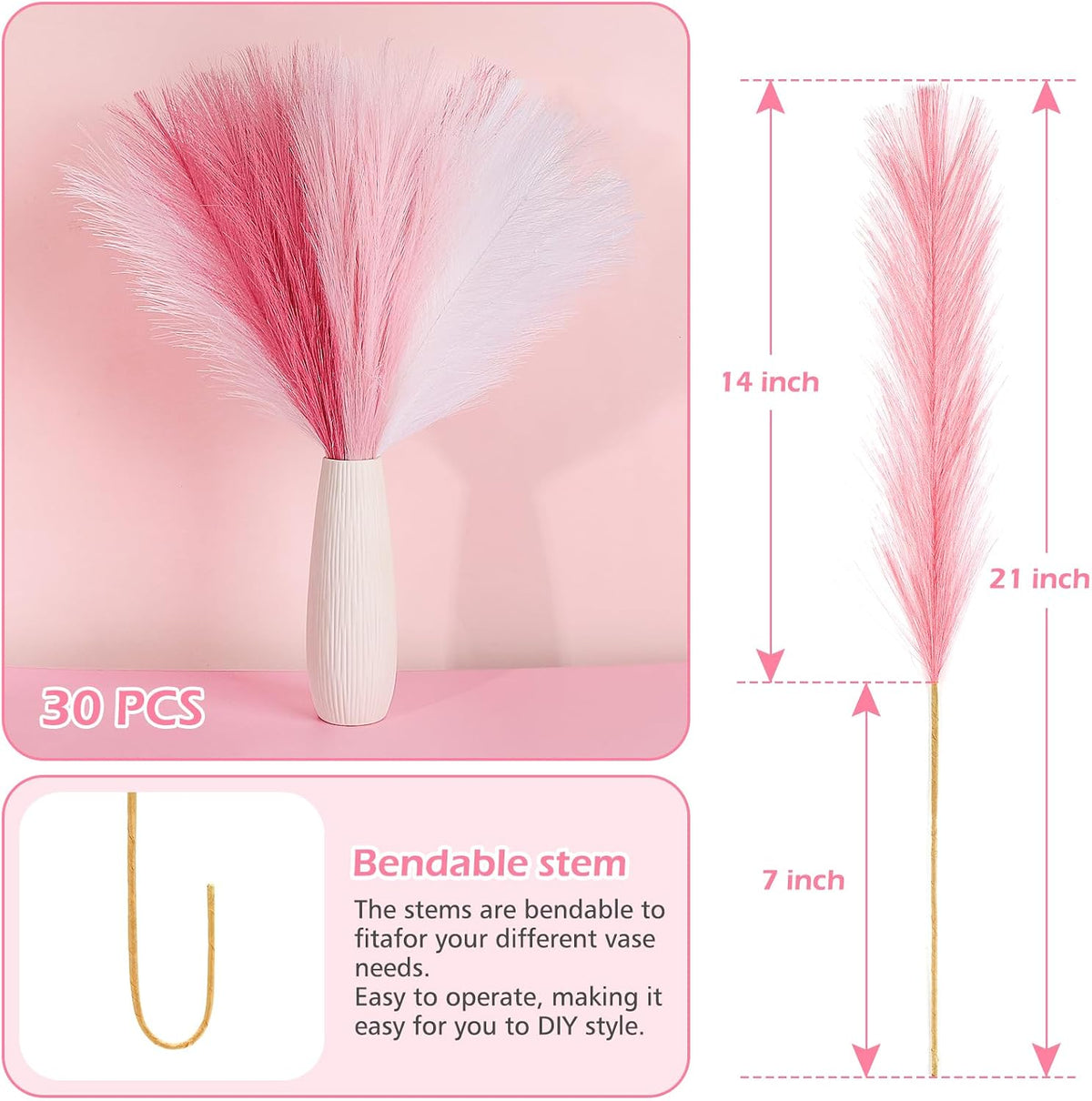 Pampas Grass Decor 21.7" Fluffy Faux Short Brown Pampas Grass Artificial Small Pompas Grass Flower Vase Filler for Home Wedding Living Room Wall Party Decoration