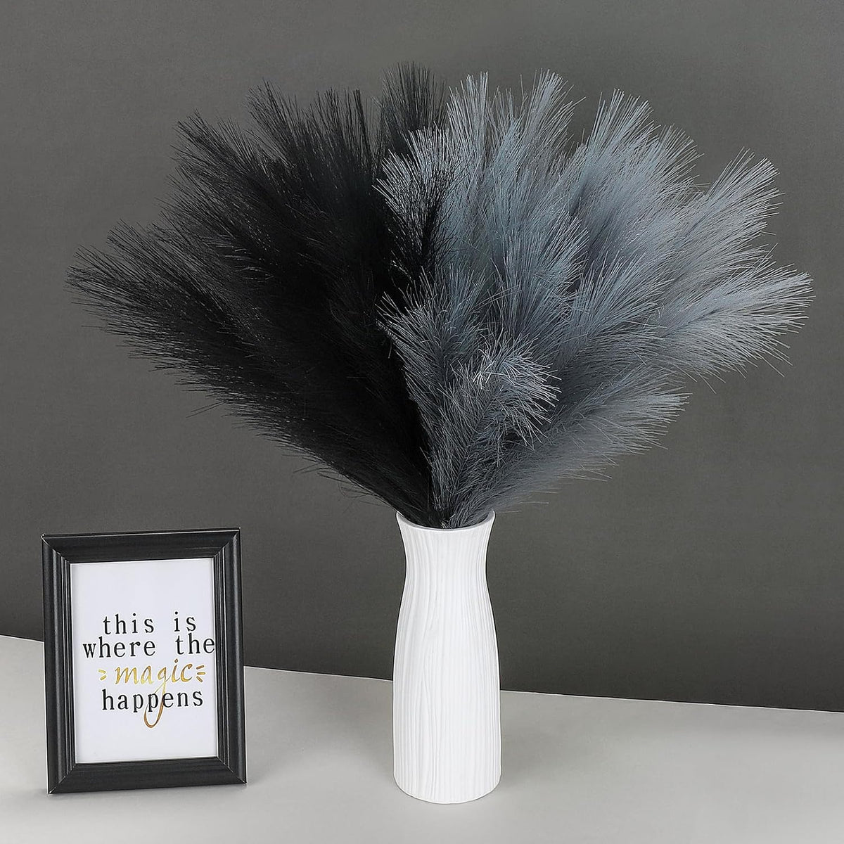 Pampas Grass Decor 21.7" Fluffy Faux Short Brown Pampas Grass Artificial Small Pompas Grass Flower Vase Filler for Home Wedding Living Room Wall Party Decoration