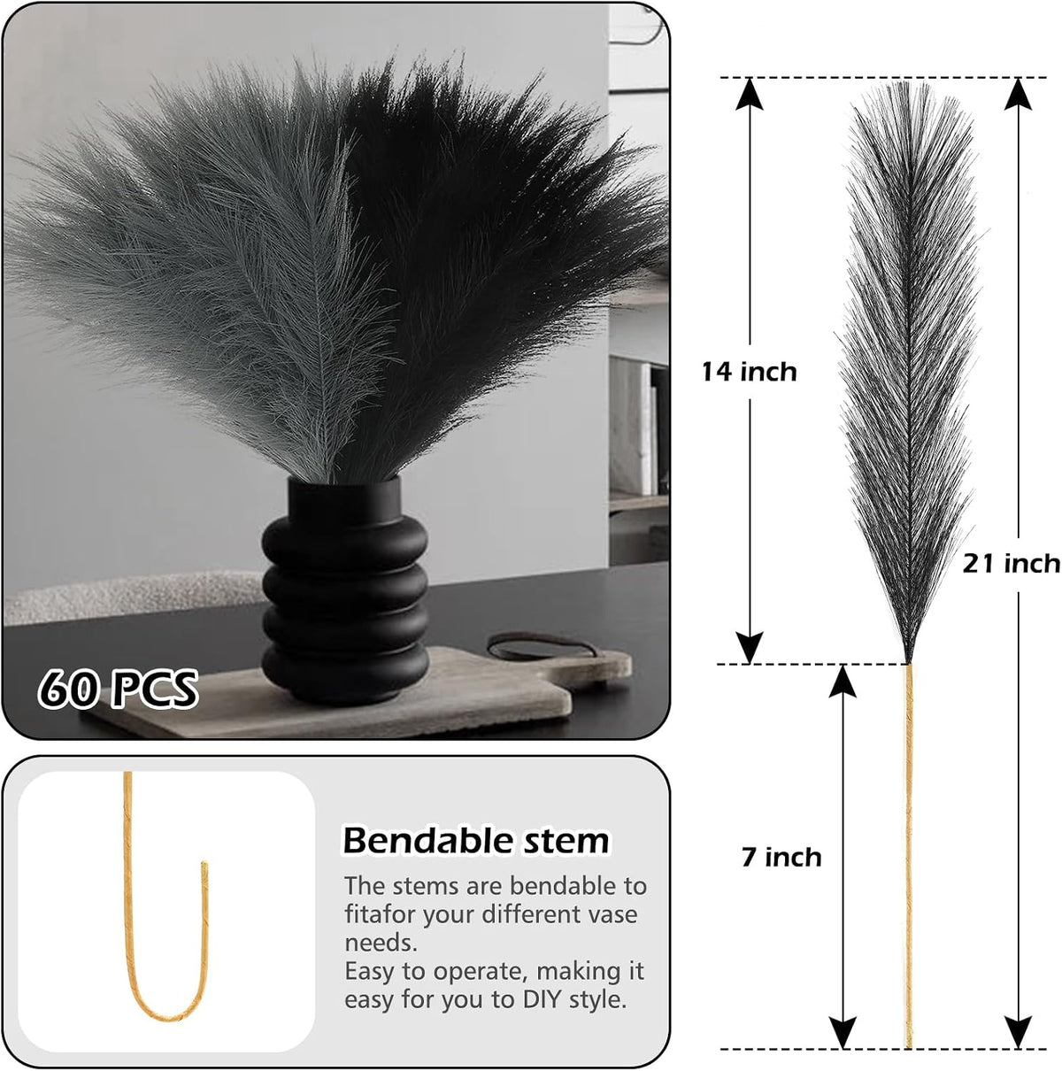 Pampas Grass Decor 21.7" Fluffy Faux Short Brown Pampas Grass Artificial Small Pompas Grass Flower Vase Filler for Home Wedding Living Room Wall Party Decoration