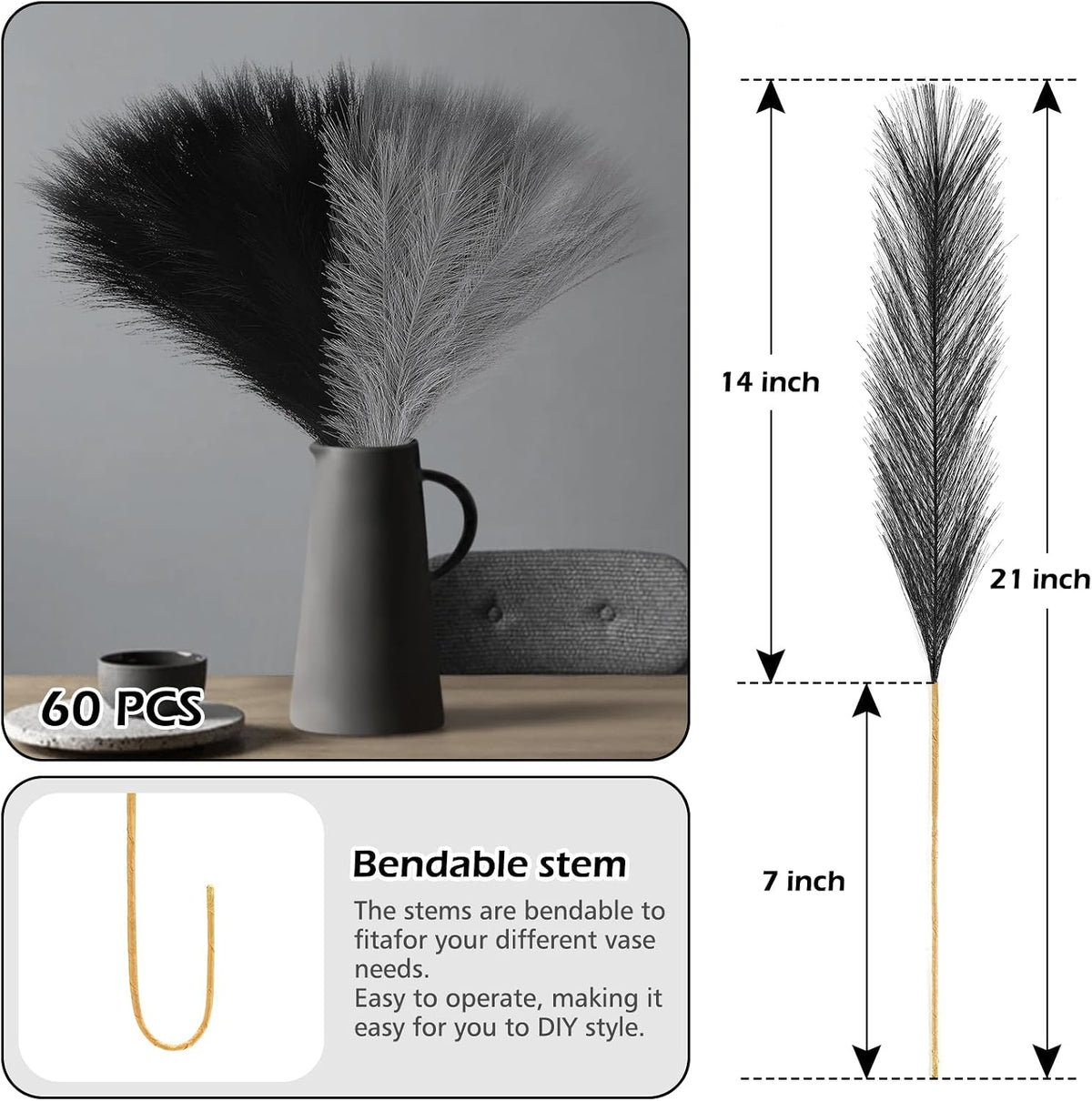 Pampas Grass Decor 21.7" Fluffy Faux Short Brown Pampas Grass Artificial Small Pompas Grass Flower Vase Filler for Home Wedding Living Room Wall Party Decoration