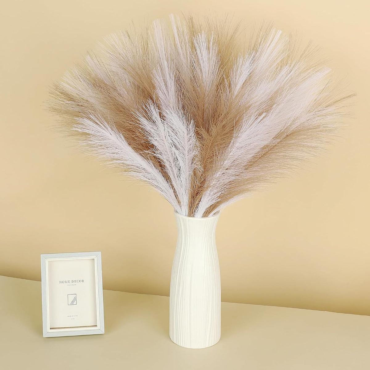 Pampas Grass Decor 21.7" Fluffy Faux Short Brown Pampas Grass Artificial Small Pompas Grass Flower Vase Filler for Home Wedding Living Room Wall Party Decoration