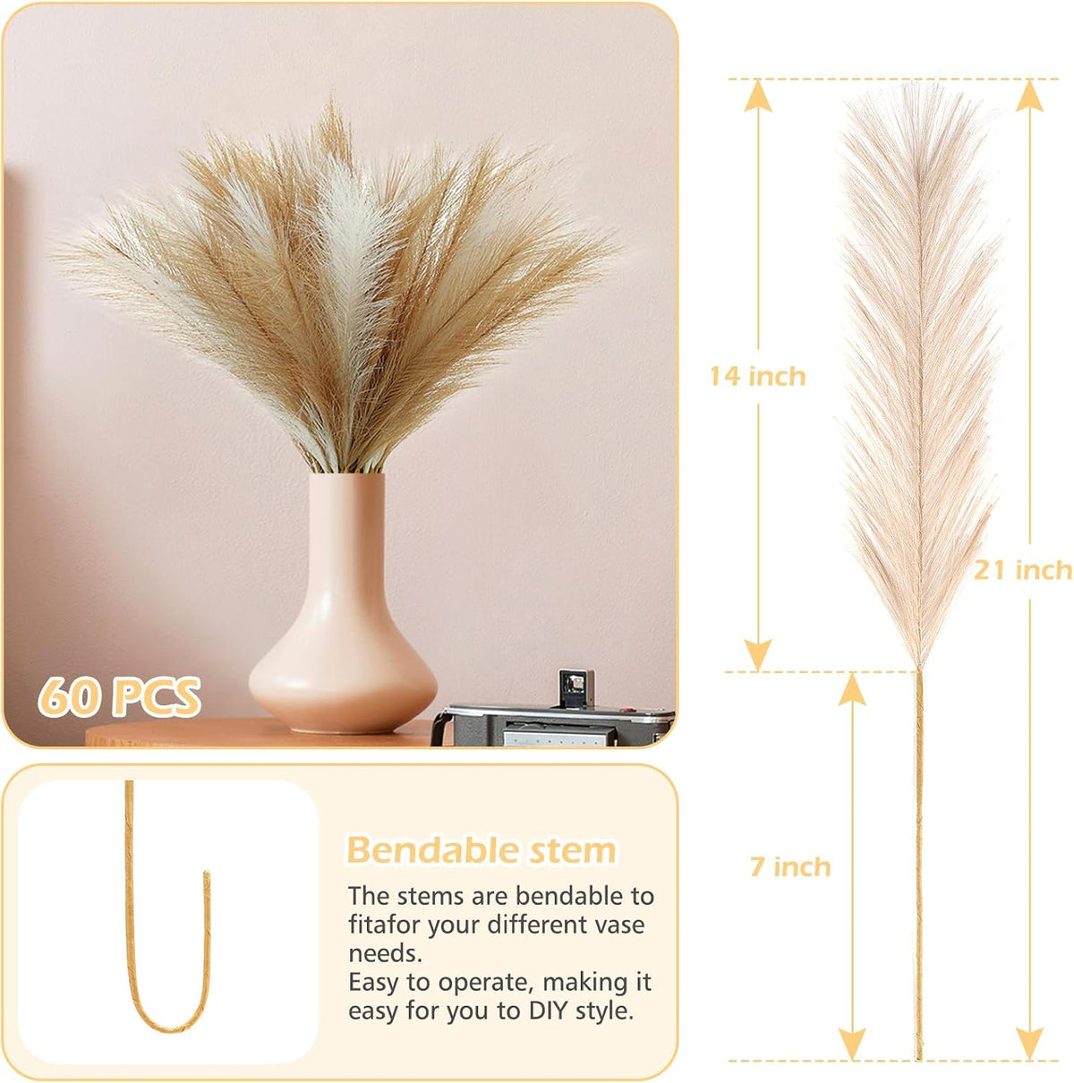 Pampas Grass Decor 21.7" Fluffy Faux Short Brown Pampas Grass Artificial Small Pompas Grass Flower Vase Filler for Home Wedding Living Room Wall Party Decoration