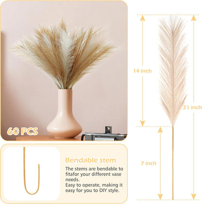 Pampas Grass Decor 21.7" Fluffy Faux Short Brown Pampas Grass Artificial Small Pompas Grass Flower Vase Filler for Home Wedding Living Room Wall Party Decoration
