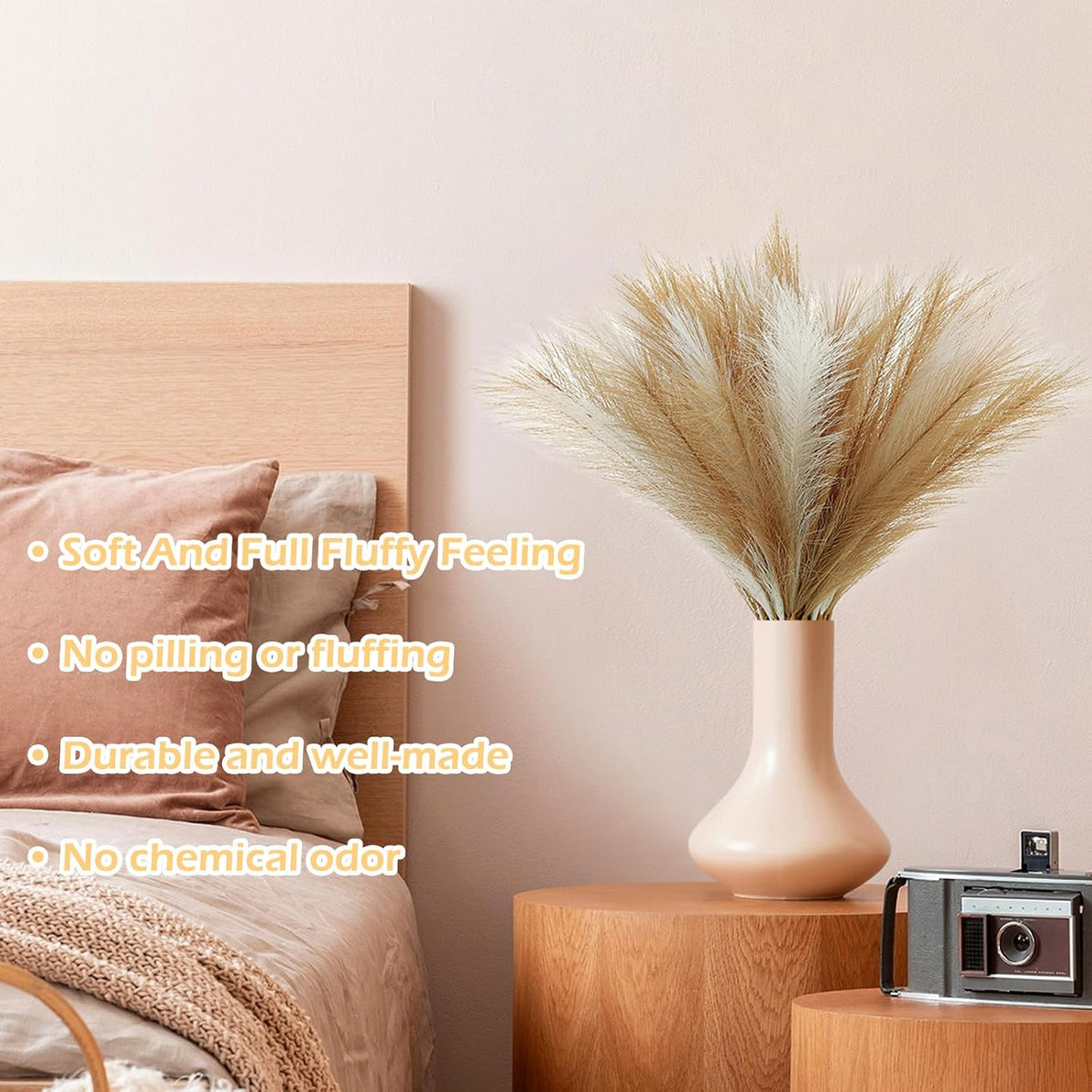Pampas Grass Decor 21.7" Fluffy Faux Short Brown Pampas Grass Artificial Small Pompas Grass Flower Vase Filler for Home Wedding Living Room Wall Party Decoration