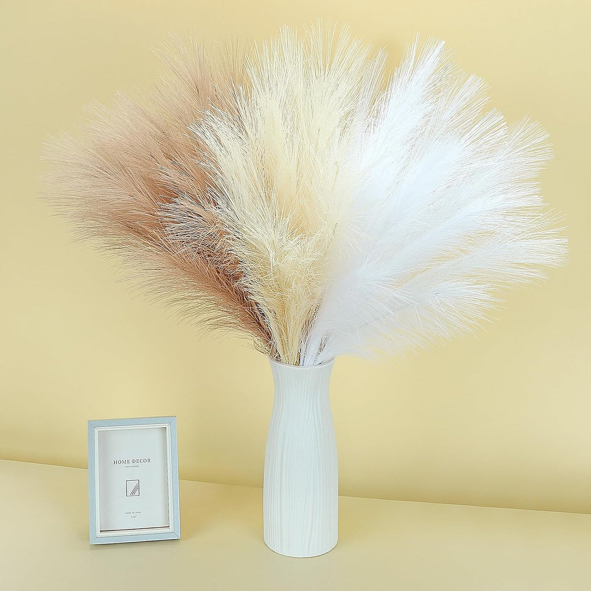 Pampas Grass Decor 21.7" Fluffy Faux Short Brown Pampas Grass Artificial Small Pompas Grass Flower Vase Filler for Home Wedding Living Room Wall Party Decoration