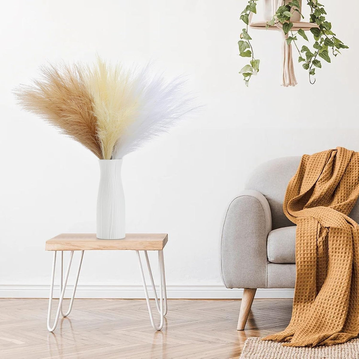 Pampas Grass Decor 21.7" Fluffy Faux Short Brown Pampas Grass Artificial Small Pompas Grass Flower Vase Filler for Home Wedding Living Room Wall Party Decoration