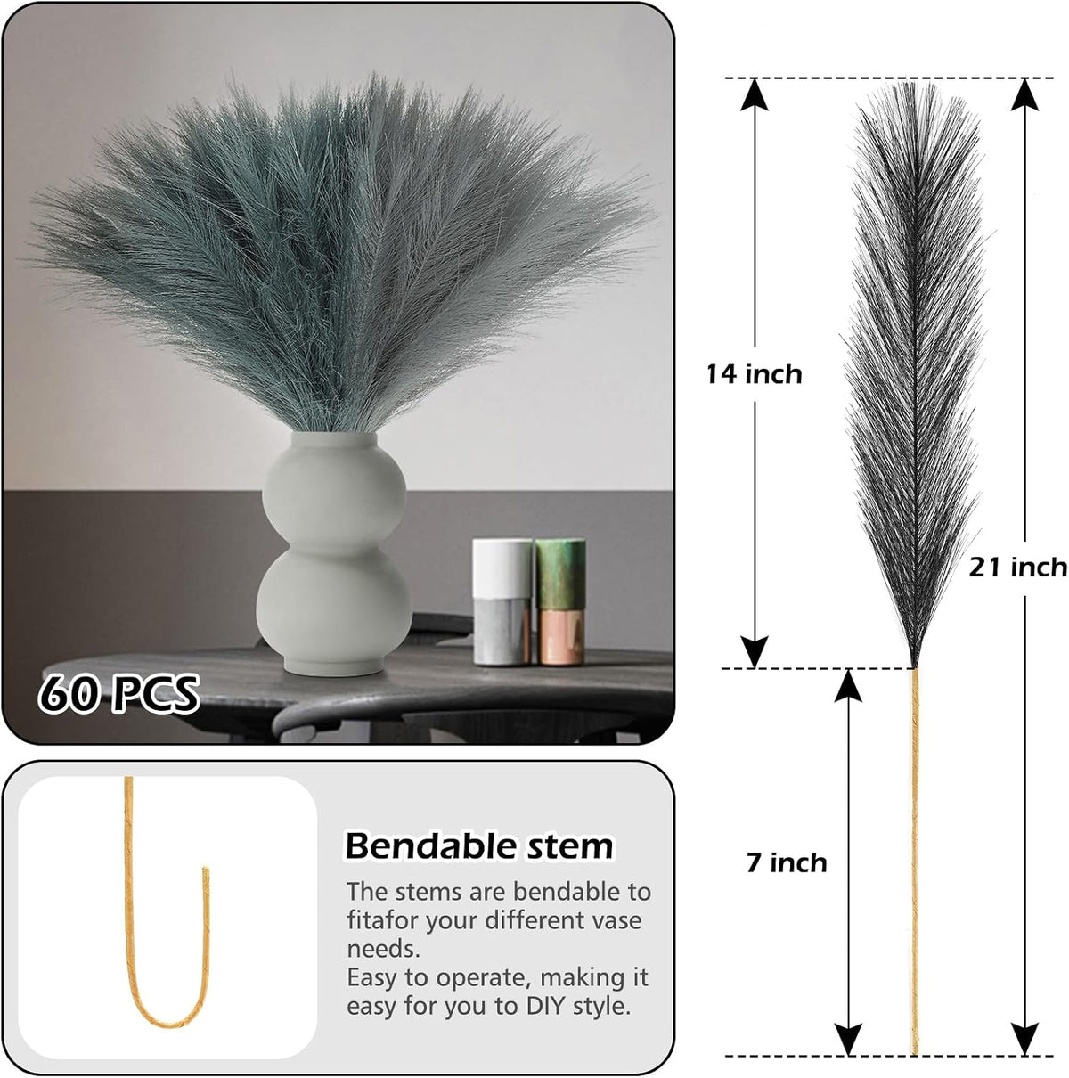 Pampas Grass Decor 21.7" Fluffy Faux Short Brown Pampas Grass Artificial Small Pompas Grass Flower Vase Filler for Home Wedding Living Room Wall Party Decoration