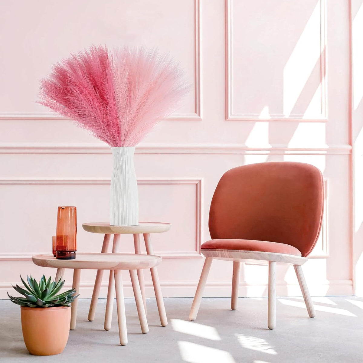 Pampas Grass Decor 21.7" Fluffy Faux Short Brown Pampas Grass Artificial Small Pompas Grass Flower Vase Filler for Home Wedding Living Room Wall Party Decoration