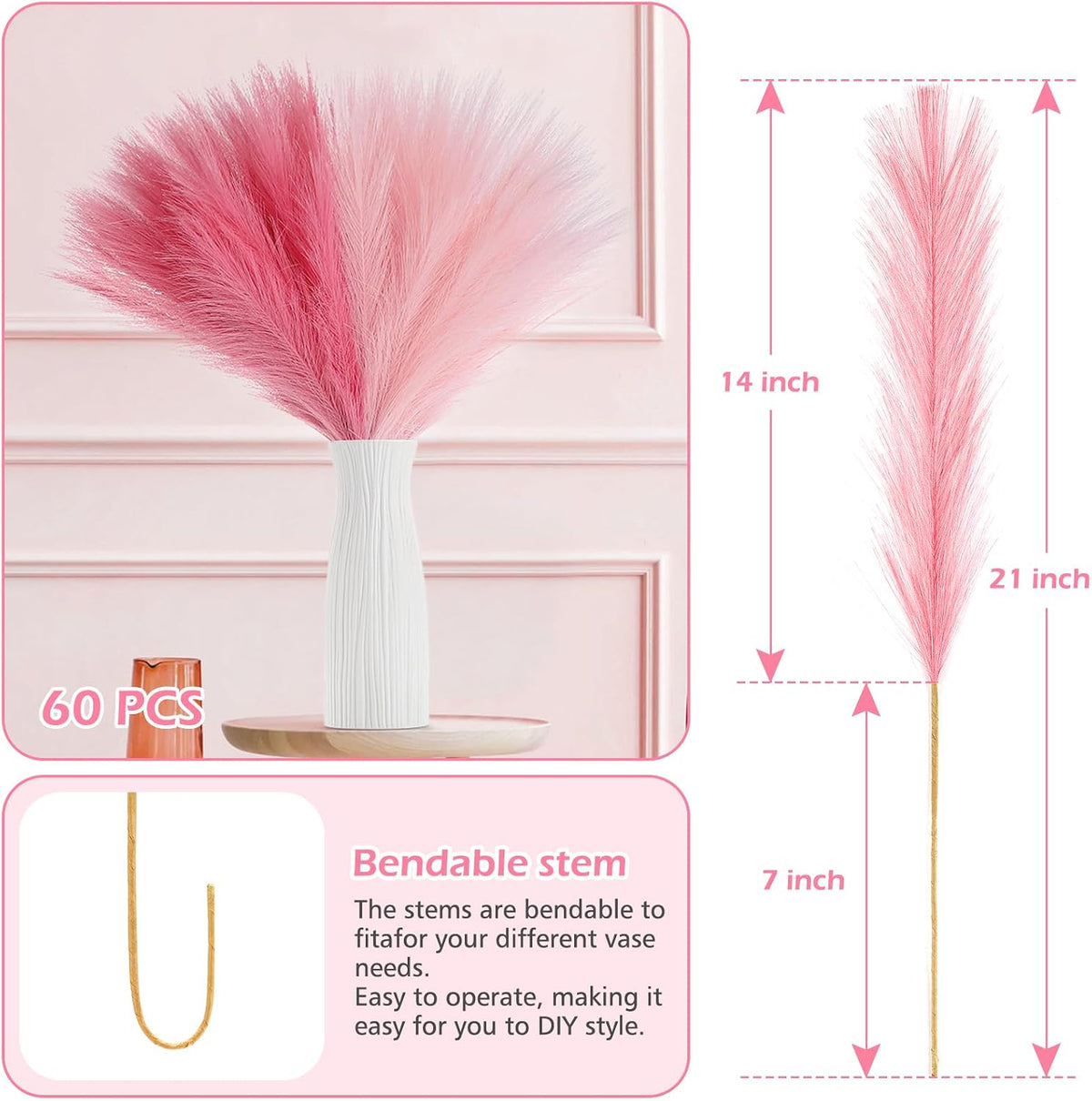 Pampas Grass Decor 21.7" Fluffy Faux Short Brown Pampas Grass Artificial Small Pompas Grass Flower Vase Filler for Home Wedding Living Room Wall Party Decoration