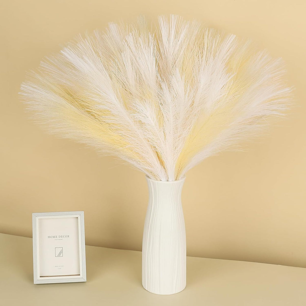 Pampas Grass Decor 21.7" Fluffy Faux Short Brown Pampas Grass Artificial Small Pompas Grass Flower Vase Filler for Home Wedding Living Room Wall Party Decoration