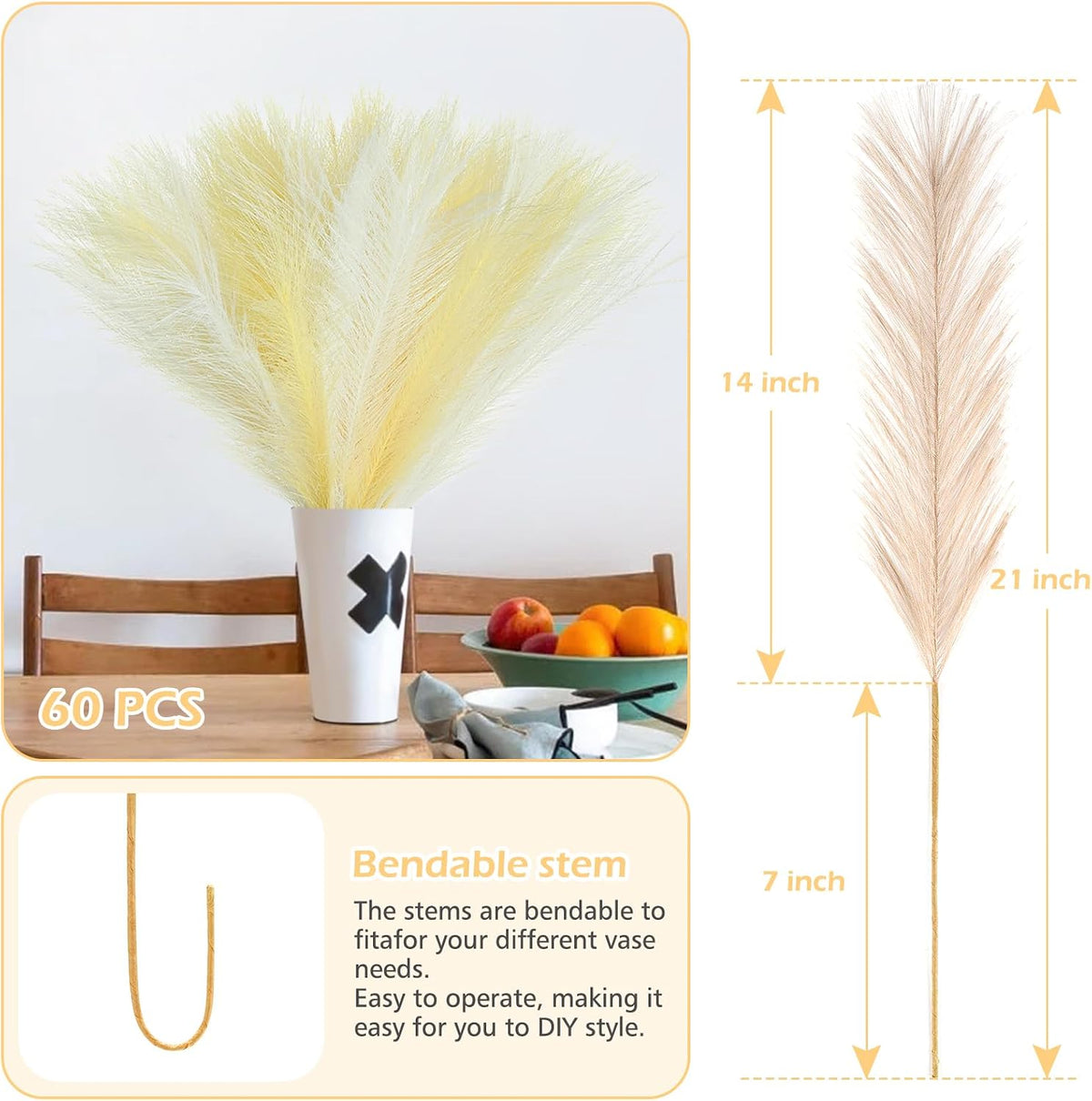 Pampas Grass Decor 21.7" Fluffy Faux Short Brown Pampas Grass Artificial Small Pompas Grass Flower Vase Filler for Home Wedding Living Room Wall Party Decoration