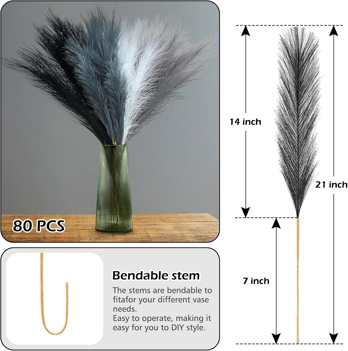 Pampas Grass Decor 21.7" Fluffy Faux Short Brown Pampas Grass Artificial Small Pompas Grass Flower Vase Filler for Home Wedding Living Room Wall Party Decoration
