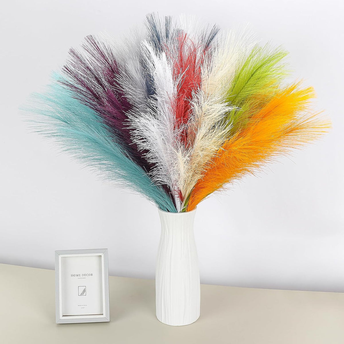 Pampas Grass Decor 21.7" Fluffy Faux Short Brown Pampas Grass Artificial Small Pompas Grass Flower Vase Filler for Home Wedding Living Room Wall Party Decoration