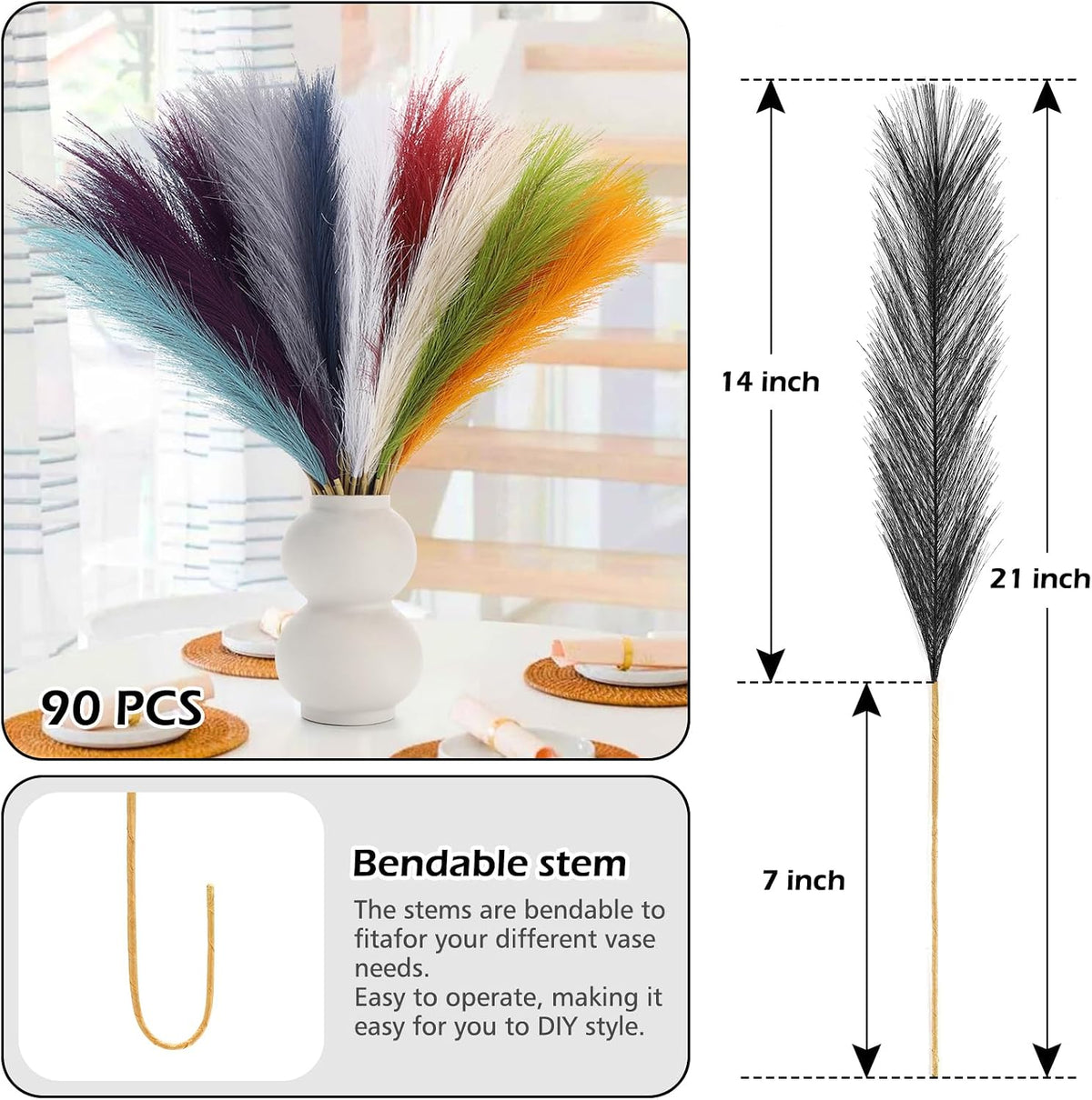Pampas Grass Decor 21.7" Fluffy Faux Short Brown Pampas Grass Artificial Small Pompas Grass Flower Vase Filler for Home Wedding Living Room Wall Party Decoration