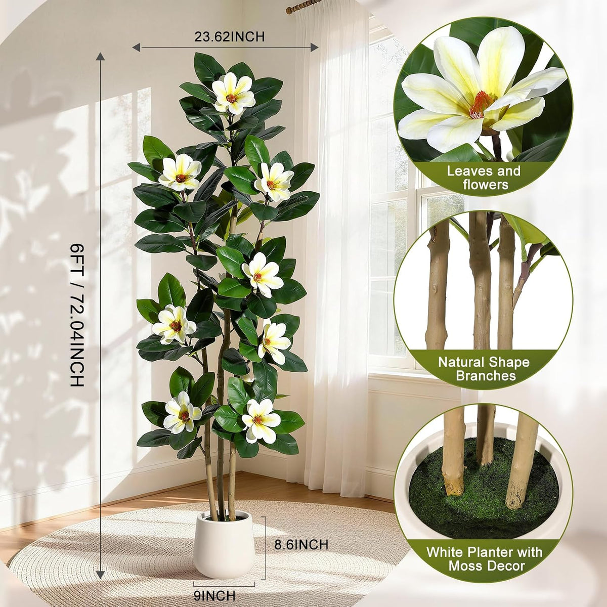 Faux Rubber Tree, 72 Inch Artificial Plants Indoor with Pot