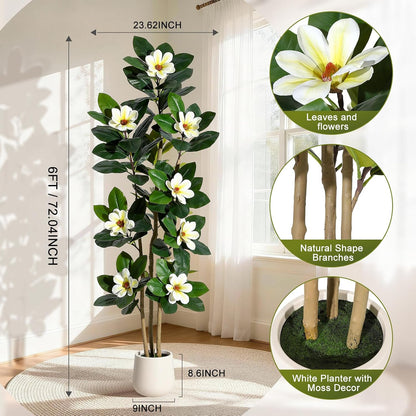 Faux Rubber Tree, 72 Inch Artificial Plants Indoor with Pot