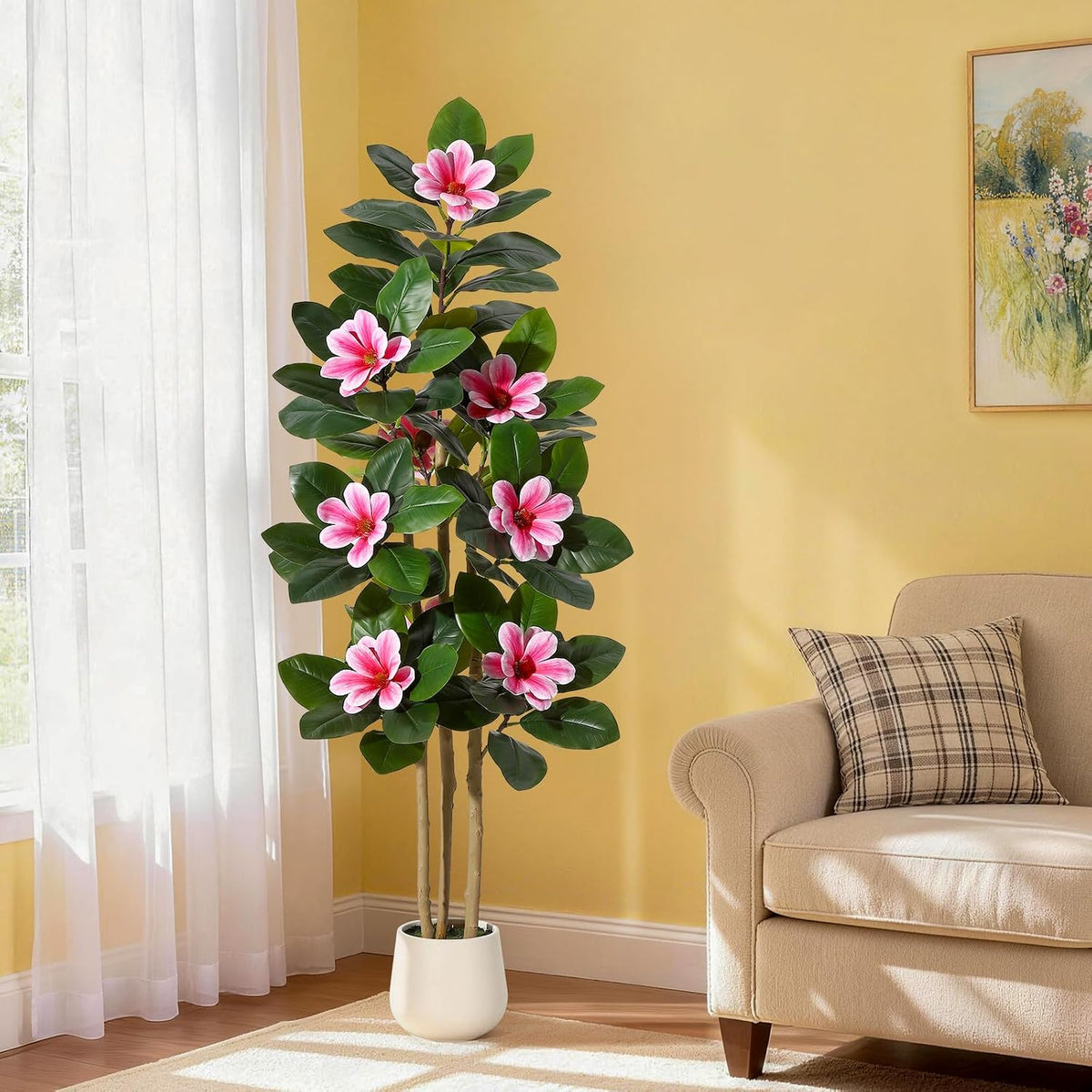 Faux Rubber Tree, 72 Inch Artificial Plants Indoor with Pot