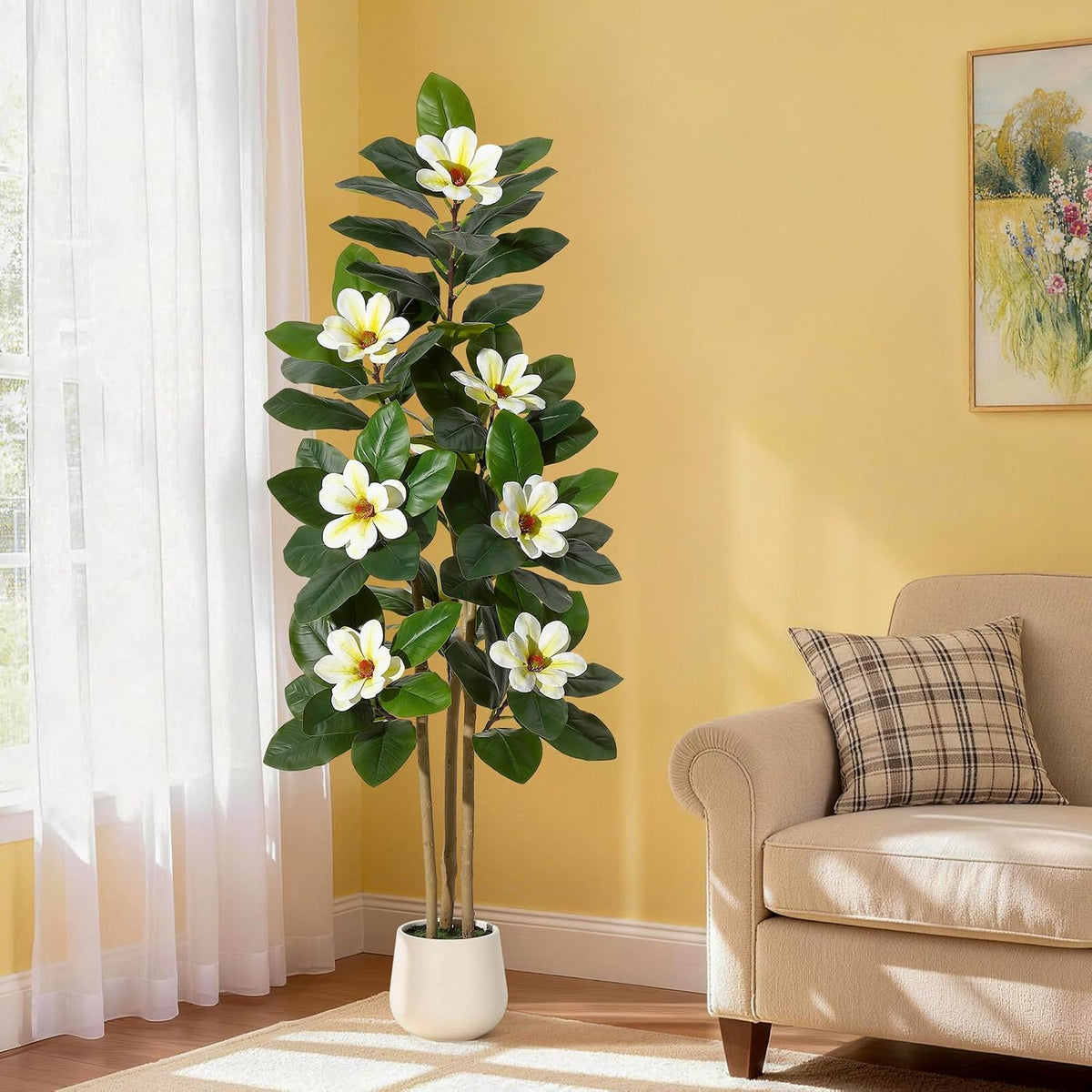 Faux Rubber Tree, 72 Inch Artificial Plants Indoor with Pot