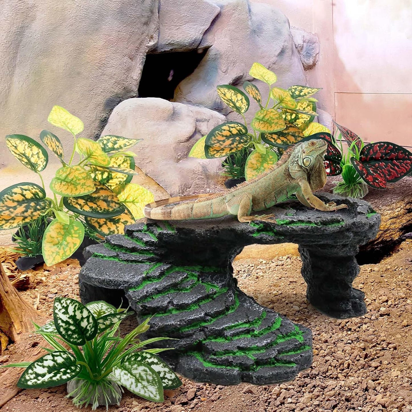 Reptile Artificial Plants, Terrarium Plants Decorations Supplies, Aquarium Fish Tank Plant, Amphibian Habitat Hideout Tank Accessories (M Set-2pcs/D)