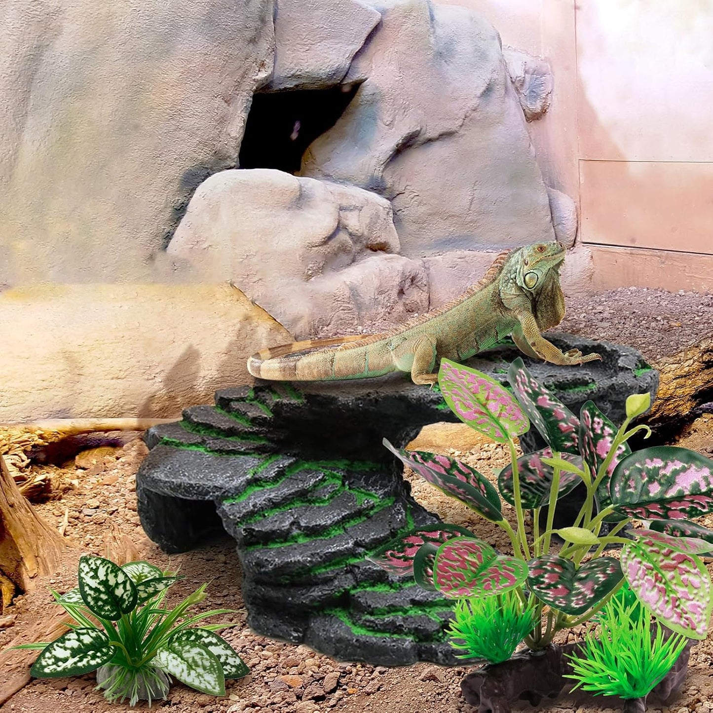 Reptile Artificial Plants, Terrarium Plants Decorations Supplies, Aquarium Fish Tank Plant, Amphibian Habitat Hideout Tank Accessories (M Set-2pcs/D)