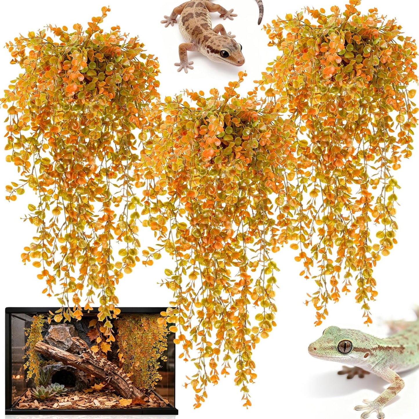 2PCS Fake Hanging Plants Reptile Habitat Vines – Artificial Terrarium Plants with Iron Stem, UV Resistant Faux Vines for Bearded Dragon Gecko Snake Turtle Tank Enclosure Decor Indoor Outdoor
