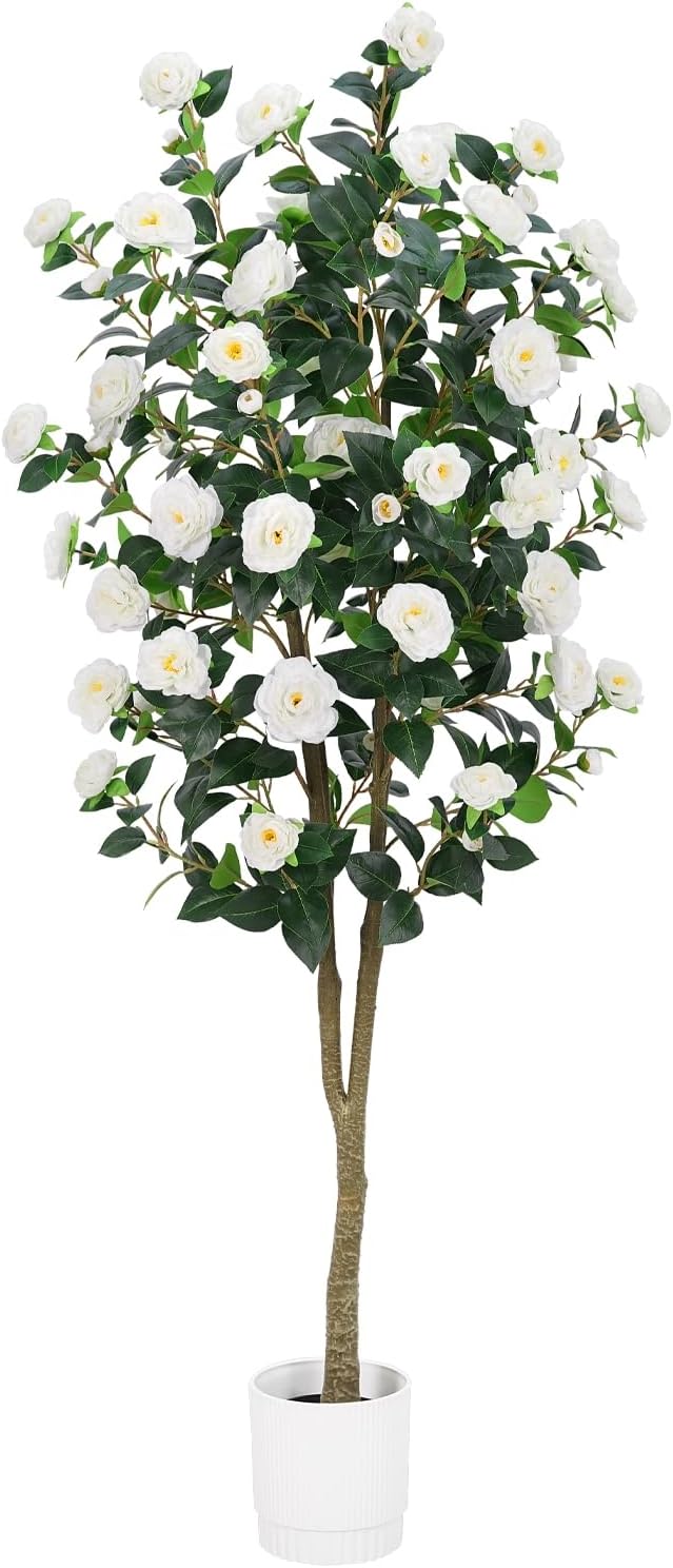 Artificial Camellia Tree 6FT– Faux Plants Indoor, with Easy Assembly, Low Maintenance, Ideal for Both Indoor Decoration and Other Purposes，Perfect Porch Christmas Trees (White 6ft)