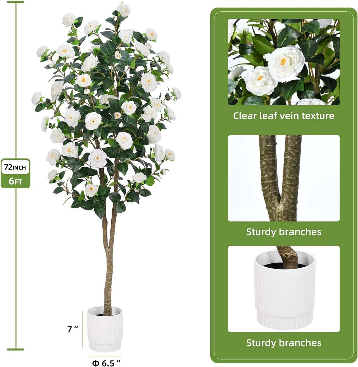Artificial Camellia Tree 6FT– Faux Plants Indoor, with Easy Assembly, Low Maintenance, Ideal for Both Indoor Decoration and Other Purposes，Perfect Porch Christmas Trees (White 6ft)