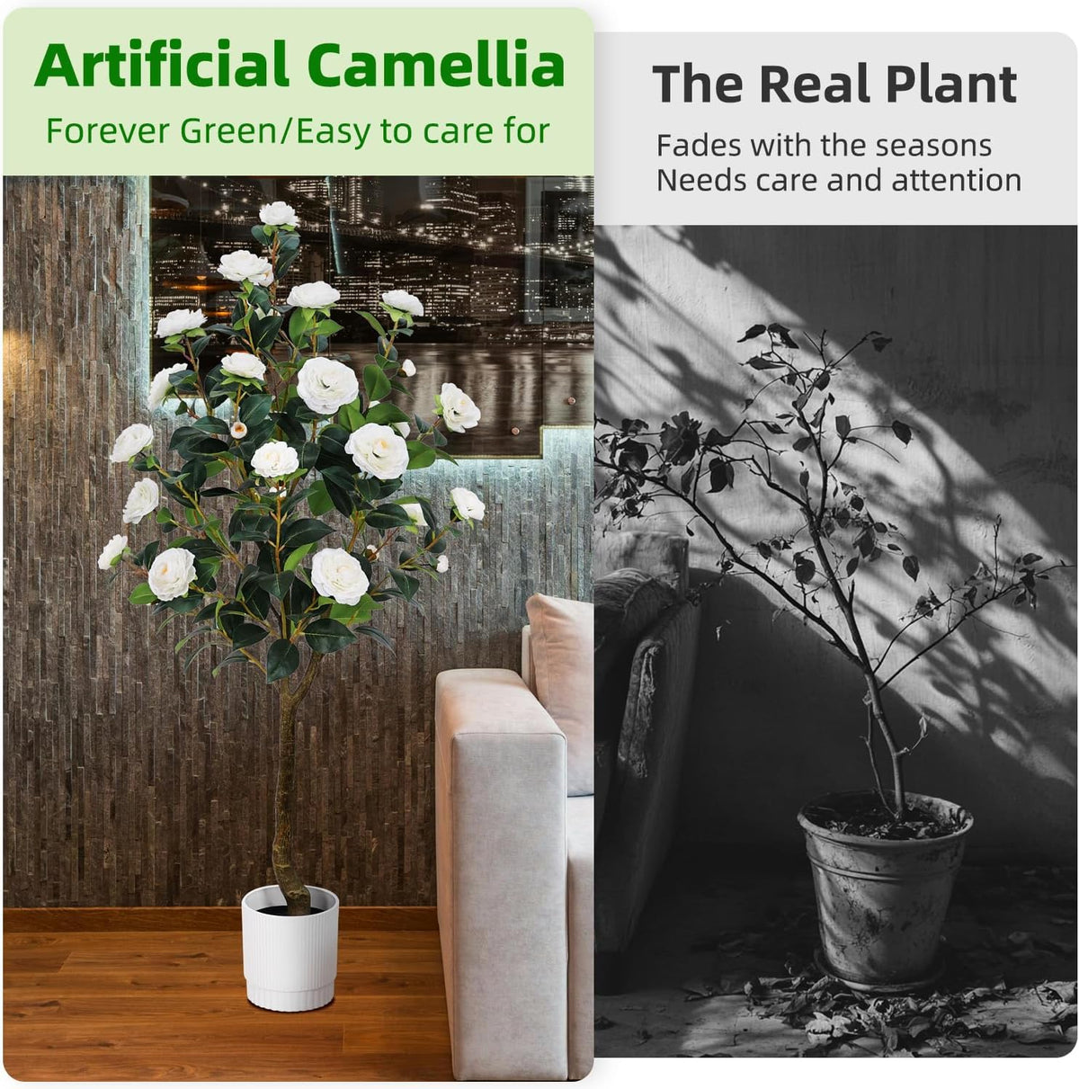 Artificial Camellia Tree 6FT– Faux Plants Indoor, with Easy Assembly, Low Maintenance, Ideal for Both Indoor Decoration and Other Purposes，Perfect Porch Christmas Trees (White 6ft)