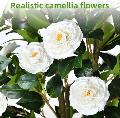 Artificial Camellia Tree 6FT– Faux Plants Indoor, with Easy Assembly, Low Maintenance, Ideal for Both Indoor Decoration and Other Purposes，Perfect Porch Christmas Trees (White 6ft)