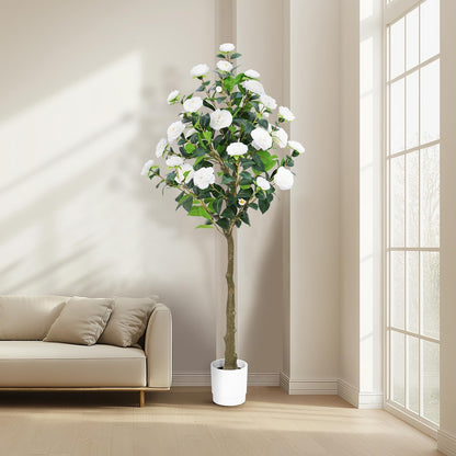 Artificial Camellia Tree 6FT– Faux Plants Indoor, with Easy Assembly, Low Maintenance, Ideal for Both Indoor Decoration and Other Purposes，Perfect Porch Christmas Trees (White 6ft)