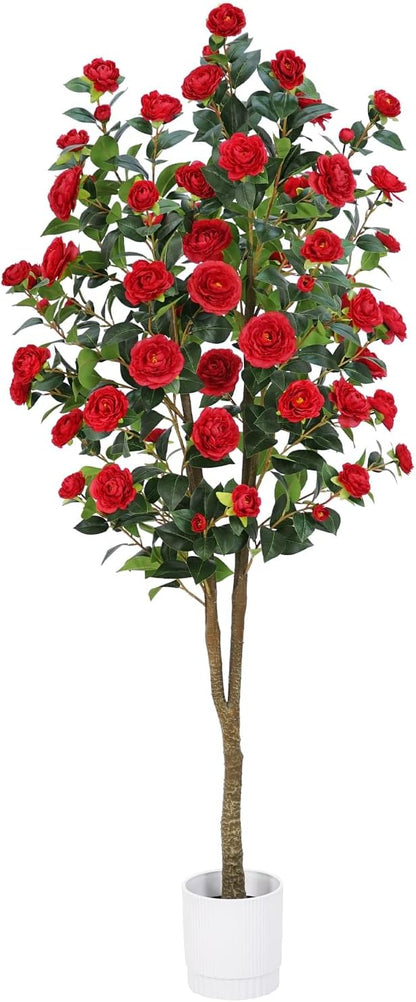 Artificial Camellia Tree 6FT– Faux Plants Indoor, with Easy Assembly, Low Maintenance, Ideal for Both Indoor Decoration and Other Purposes，Perfect Porch Christmas Trees (White 6ft)