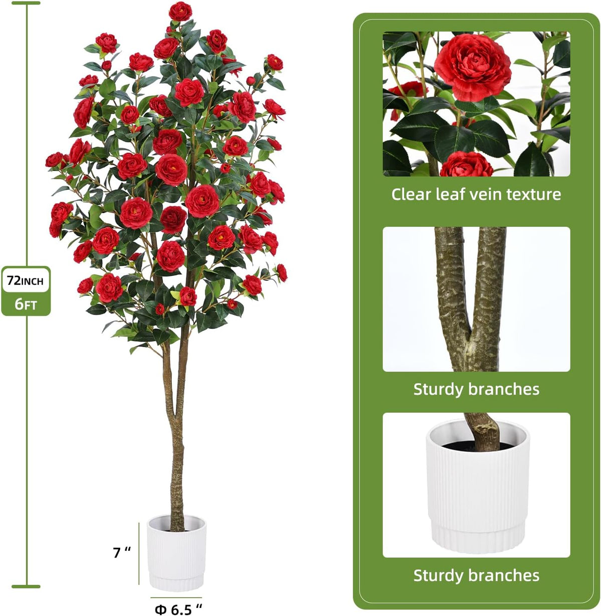 Artificial Camellia Tree 6FT– Faux Plants Indoor, with Easy Assembly, Low Maintenance, Ideal for Both Indoor Decoration and Other Purposes，Perfect Porch Christmas Trees (White 6ft)