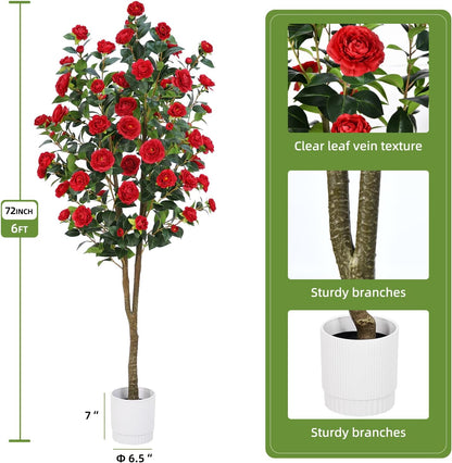 Artificial Camellia Tree 6FT– Faux Plants Indoor, with Easy Assembly, Low Maintenance, Ideal for Both Indoor Decoration and Other Purposes，Perfect Porch Christmas Trees (White 6ft)