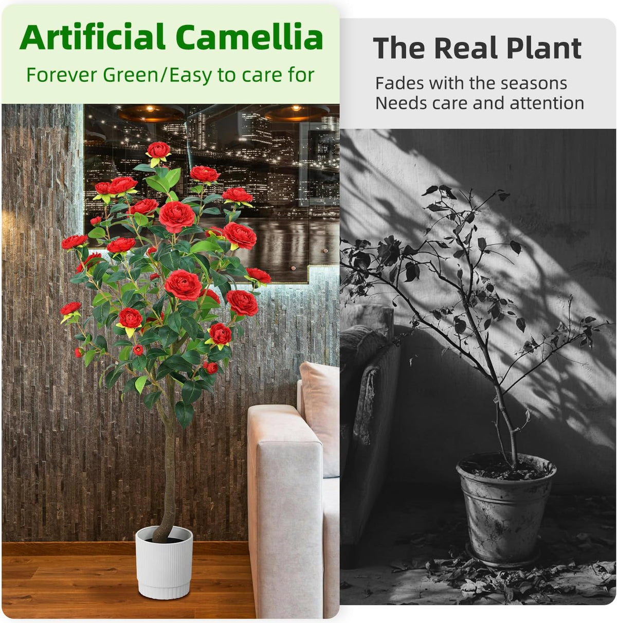 Artificial Camellia Tree 6FT– Faux Plants Indoor, with Easy Assembly, Low Maintenance, Ideal for Both Indoor Decoration and Other Purposes，Perfect Porch Christmas Trees (White 6ft)