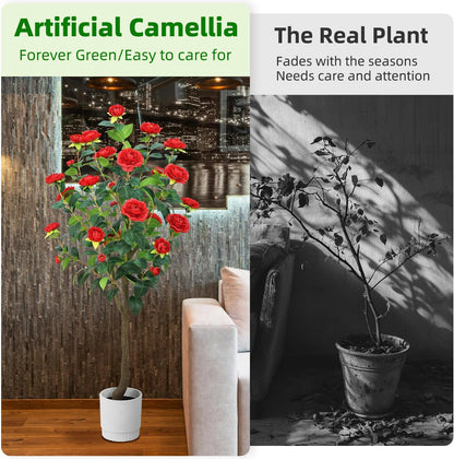 Artificial Camellia Tree 6FT– Faux Plants Indoor, with Easy Assembly, Low Maintenance, Ideal for Both Indoor Decoration and Other Purposes，Perfect Porch Christmas Trees (White 6ft)