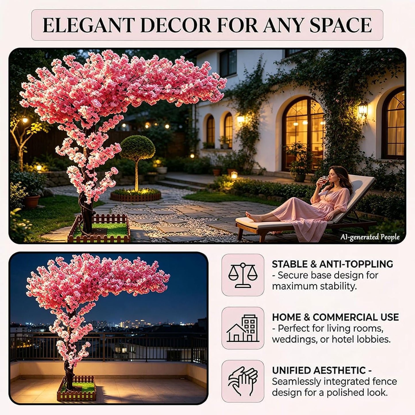 Large Artificial Cherry Blossom Trees Indoor Outdoors,Japanese Faux Cherry Blossom Tree with Realistic Silk Flowers,Standing Fake Tree for Garden Wedding Party Home Decor(Pink,H 5FT x W 4FT)