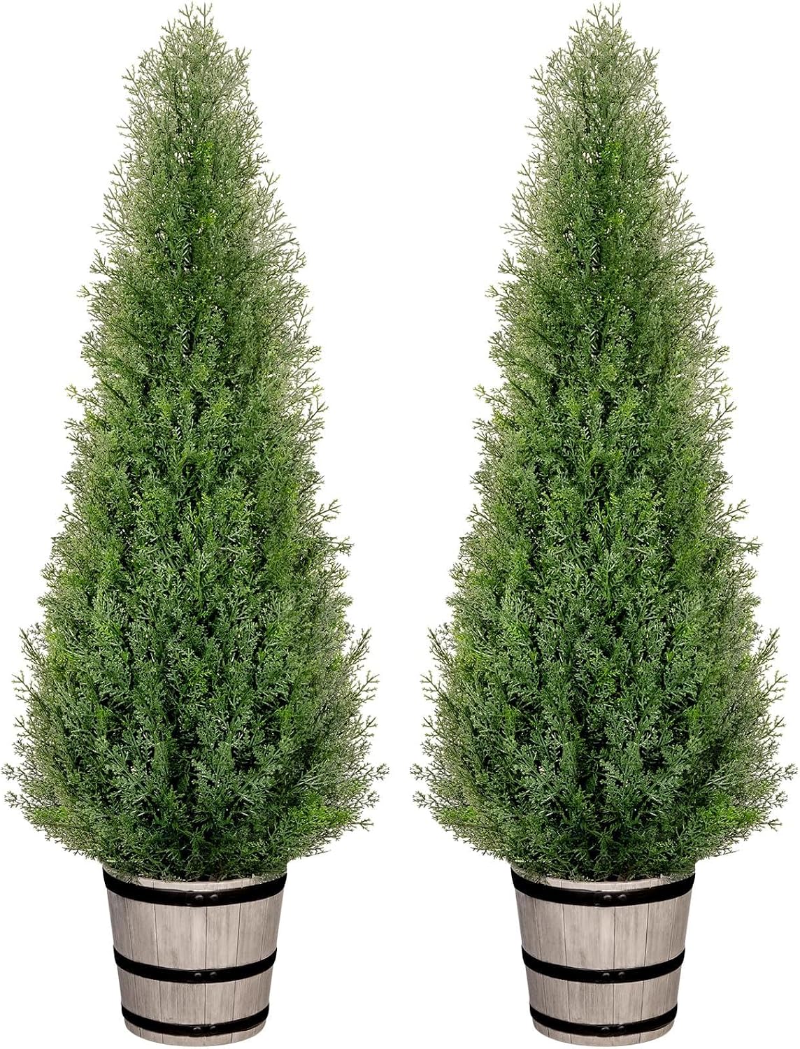 Artificial Cedar Trees 4FT Faux Cedar Topiary Evergreen Plants Outdoor Indoor Fake Cypress Pine Trees with Barrel Planter for Front Porch Entryway Patio Garden Home Decor Set of 2