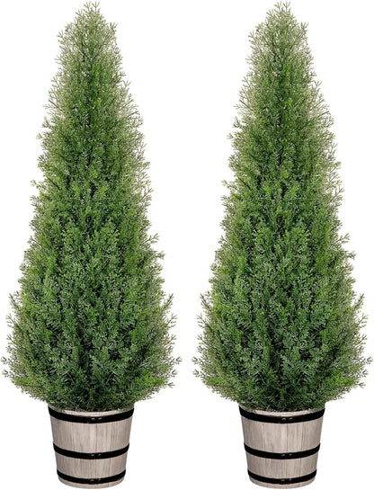 Artificial Cedar Trees 4FT Faux Cedar Topiary Evergreen Plants Outdoor Indoor Fake Cypress Pine Trees with Barrel Planter for Front Porch Entryway Patio Garden Home Decor Set of 2