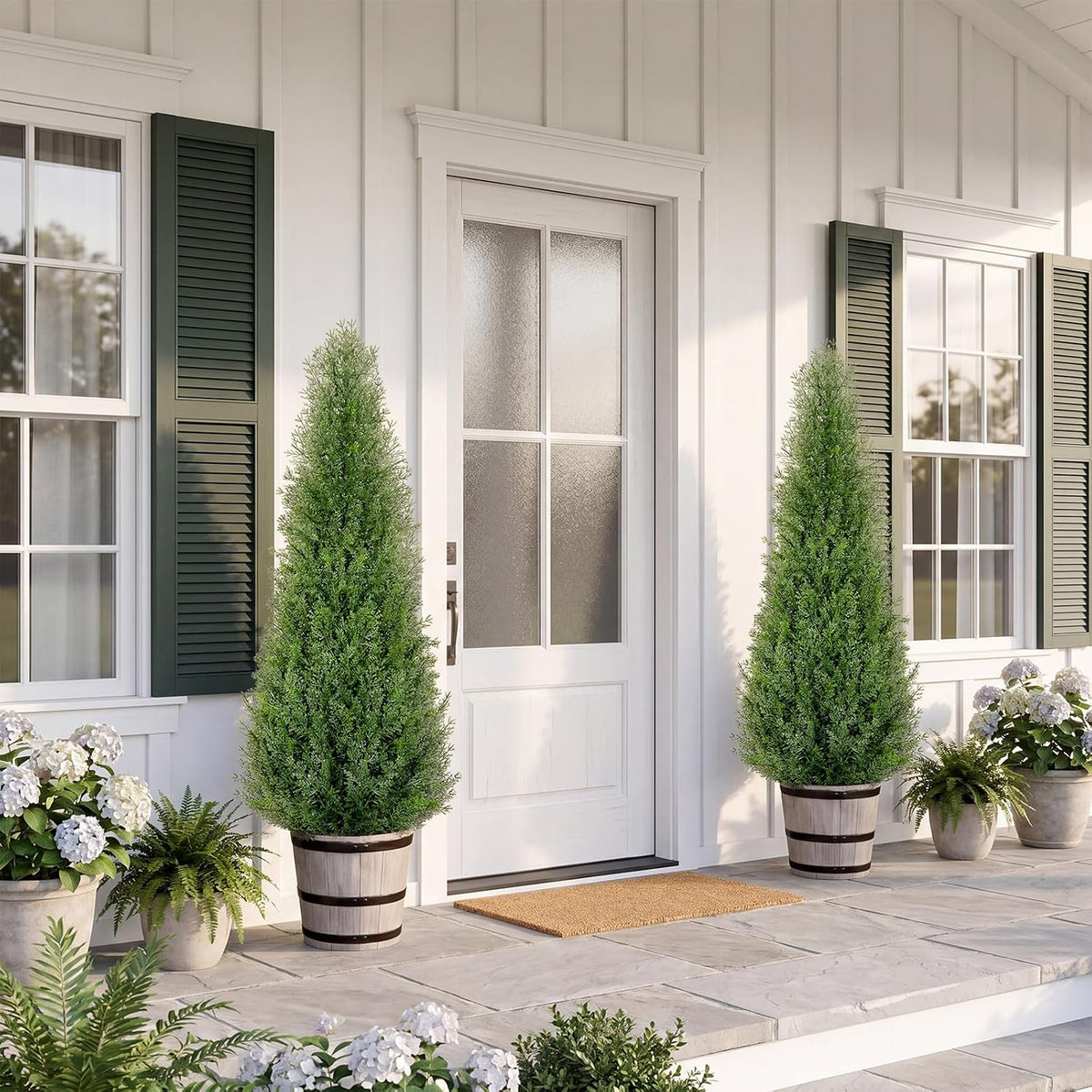 Artificial Cedar Trees 4FT Faux Cedar Topiary Evergreen Plants Outdoor Indoor Fake Cypress Pine Trees with Barrel Planter for Front Porch Entryway Patio Garden Home Decor Set of 2