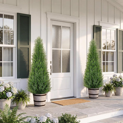 Artificial Cedar Trees 4FT Faux Cedar Topiary Evergreen Plants Outdoor Indoor Fake Cypress Pine Trees with Barrel Planter for Front Porch Entryway Patio Garden Home Decor Set of 2