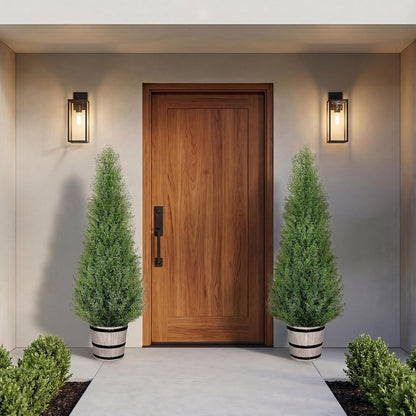 Artificial Cedar Trees 4FT Faux Cedar Topiary Evergreen Plants Outdoor Indoor Fake Cypress Pine Trees with Barrel Planter for Front Porch Entryway Patio Garden Home Decor Set of 2