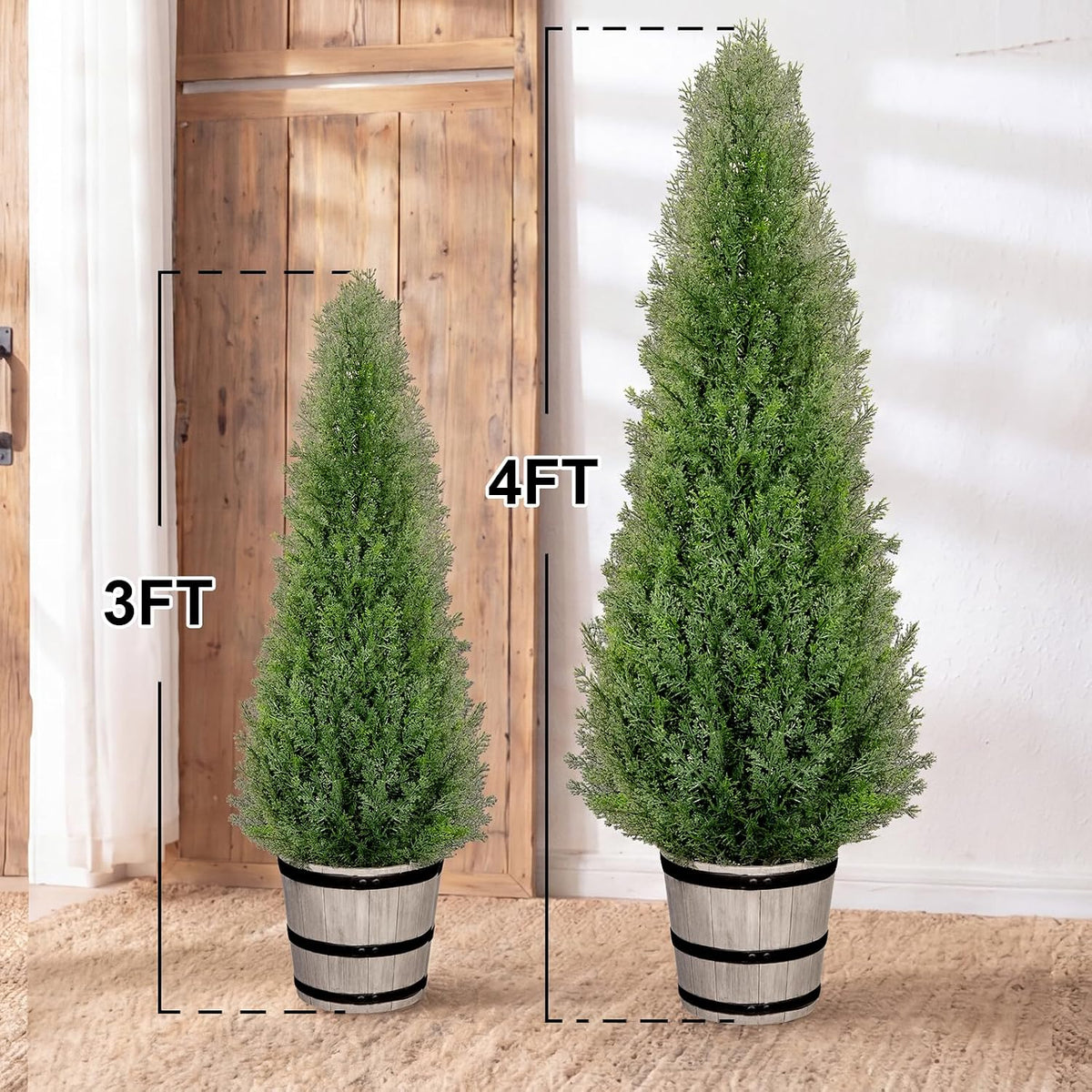Artificial Cedar Trees 4FT Faux Cedar Topiary Evergreen Plants Outdoor Indoor Fake Cypress Pine Trees with Barrel Planter for Front Porch Entryway Patio Garden Home Decor Set of 2