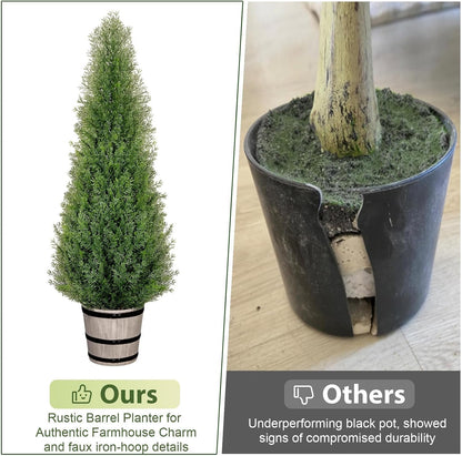Artificial Cedar Trees 4FT Faux Cedar Topiary Evergreen Plants Outdoor Indoor Fake Cypress Pine Trees with Barrel Planter for Front Porch Entryway Patio Garden Home Decor Set of 2