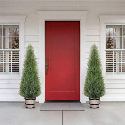 Artificial Cedar Trees 4FT Faux Cedar Topiary Evergreen Plants Outdoor Indoor Fake Cypress Pine Trees with Barrel Planter for Front Porch Entryway Patio Garden Home Decor Set of 2