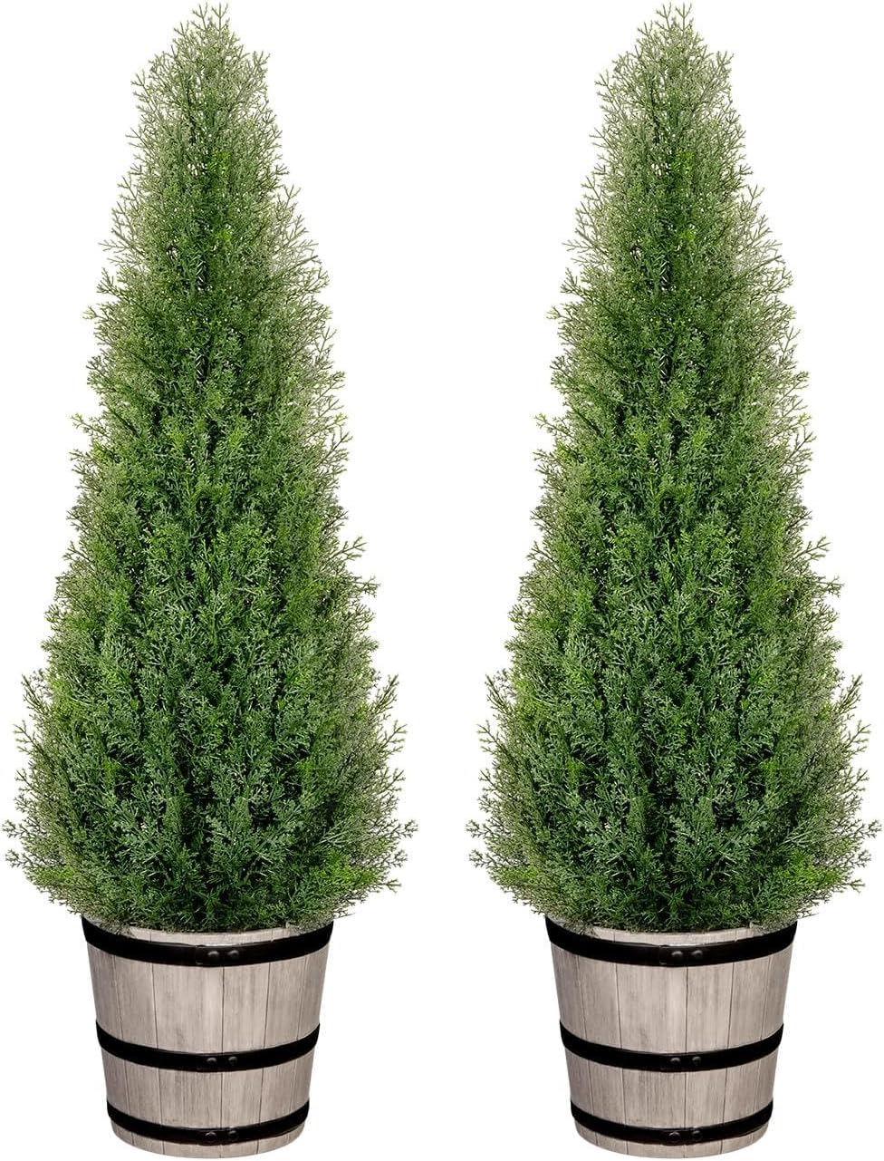 Artificial Cedar Trees 4FT Faux Cedar Topiary Evergreen Plants Outdoor Indoor Fake Cypress Pine Trees with Barrel Planter for Front Porch Entryway Patio Garden Home Decor Set of 2