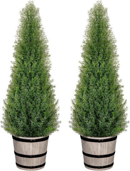 Artificial Cedar Trees 4FT Faux Cedar Topiary Evergreen Plants Outdoor Indoor Fake Cypress Pine Trees with Barrel Planter for Front Porch Entryway Patio Garden Home Decor Set of 2