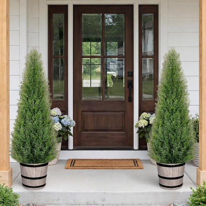 Artificial Cedar Trees 4FT Faux Cedar Topiary Evergreen Plants Outdoor Indoor Fake Cypress Pine Trees with Barrel Planter for Front Porch Entryway Patio Garden Home Decor Set of 2
