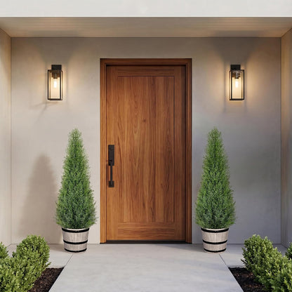 Artificial Cedar Trees 4FT Faux Cedar Topiary Evergreen Plants Outdoor Indoor Fake Cypress Pine Trees with Barrel Planter for Front Porch Entryway Patio Garden Home Decor Set of 2