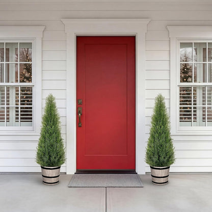 Artificial Cedar Trees 4FT Faux Cedar Topiary Evergreen Plants Outdoor Indoor Fake Cypress Pine Trees with Barrel Planter for Front Porch Entryway Patio Garden Home Decor Set of 2