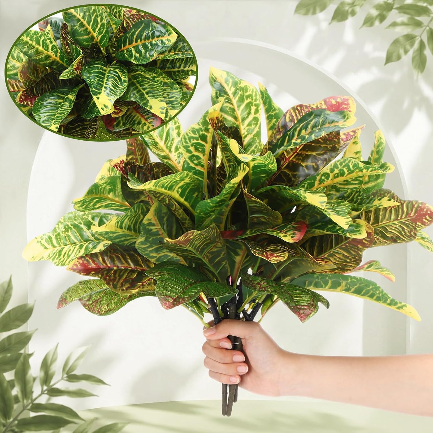 10 Pcs Artificial Croton Plant Leaf Branches 15.8 inch Summer Lifelike Tropical Houseplant Faux Dieffenbachia Plant Greenery Aesthetic House Plants for Home Vase Office Yard Garden Decor